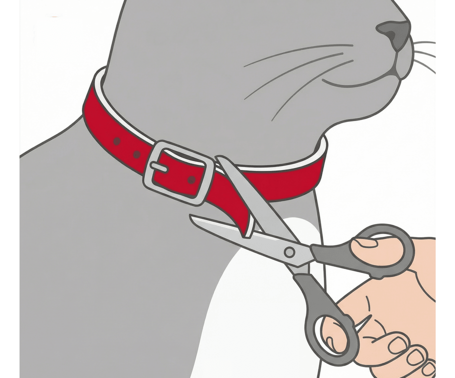 Detail krku kočky s obojkem, kde je přečnívající část zkracována nůžkami. Ilustrace ukazuje úpravu délky a správné přizpůsobení obojku.