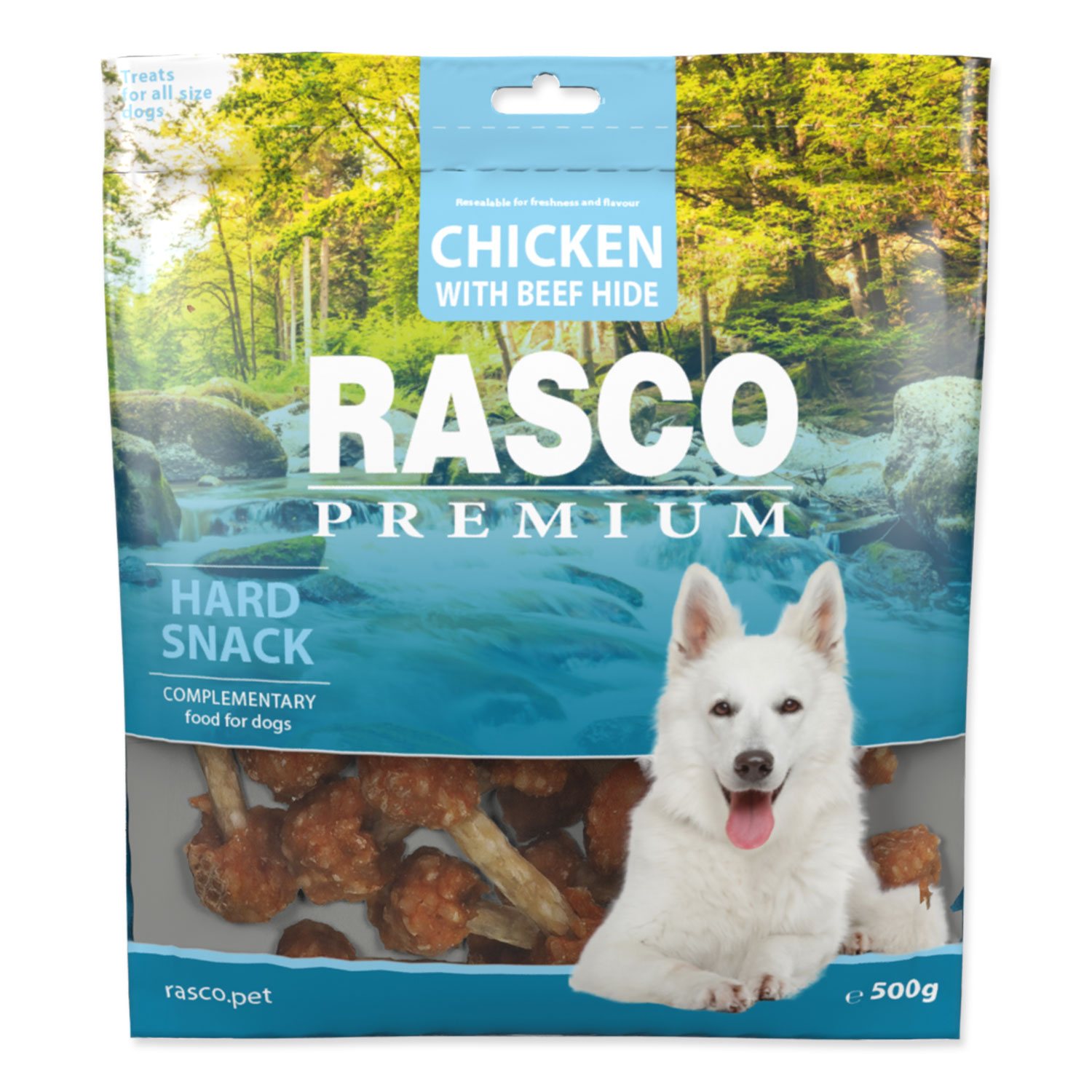 Pochoutka Rasco Premium buvolí kůže obalená kuřecím, paličky 500g-KS