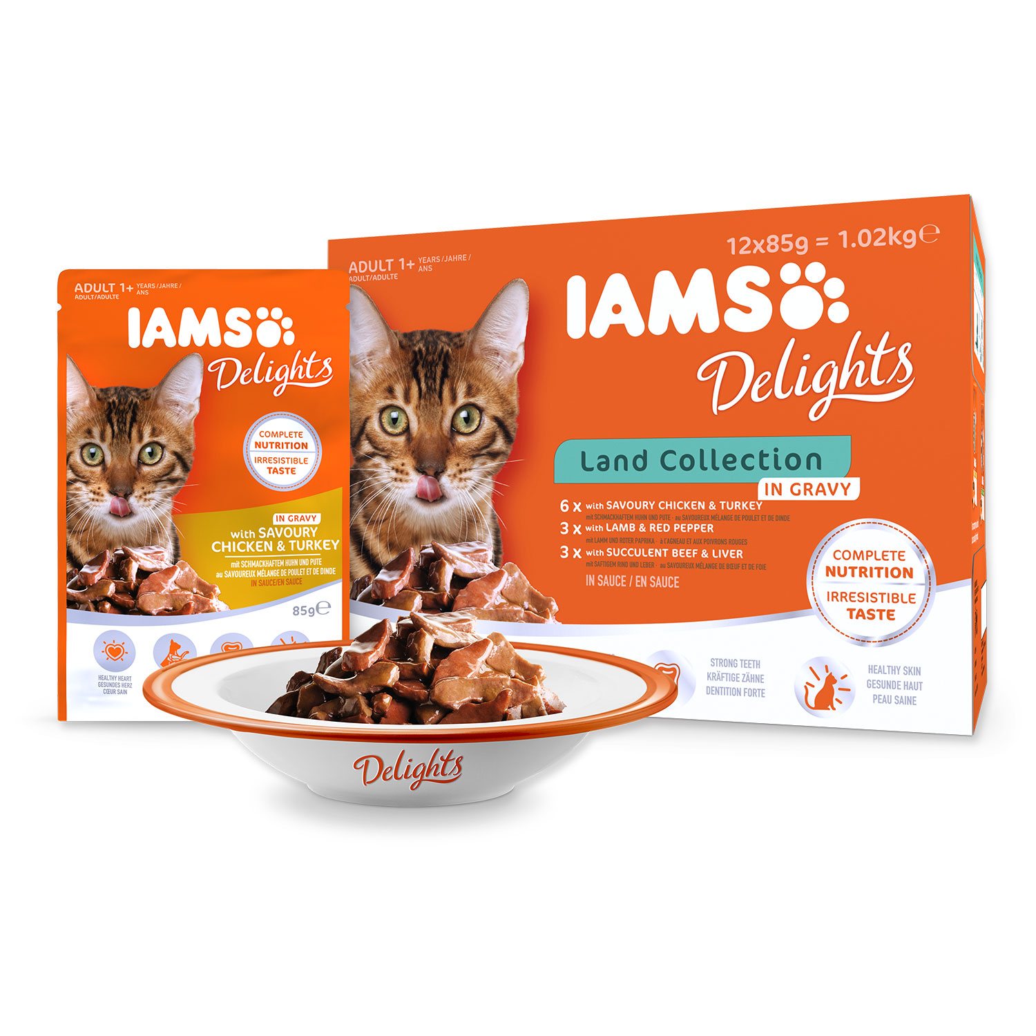 Kapsička IAMS Delights Adult suchozemské maso v omáčce multipack 1020g (12x85gr)