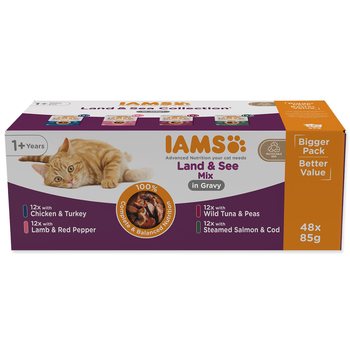 Kapsička IAMS Delights Adult mořské a suchozemské maso v omáčce multipack 4080g (48x85g) -KS