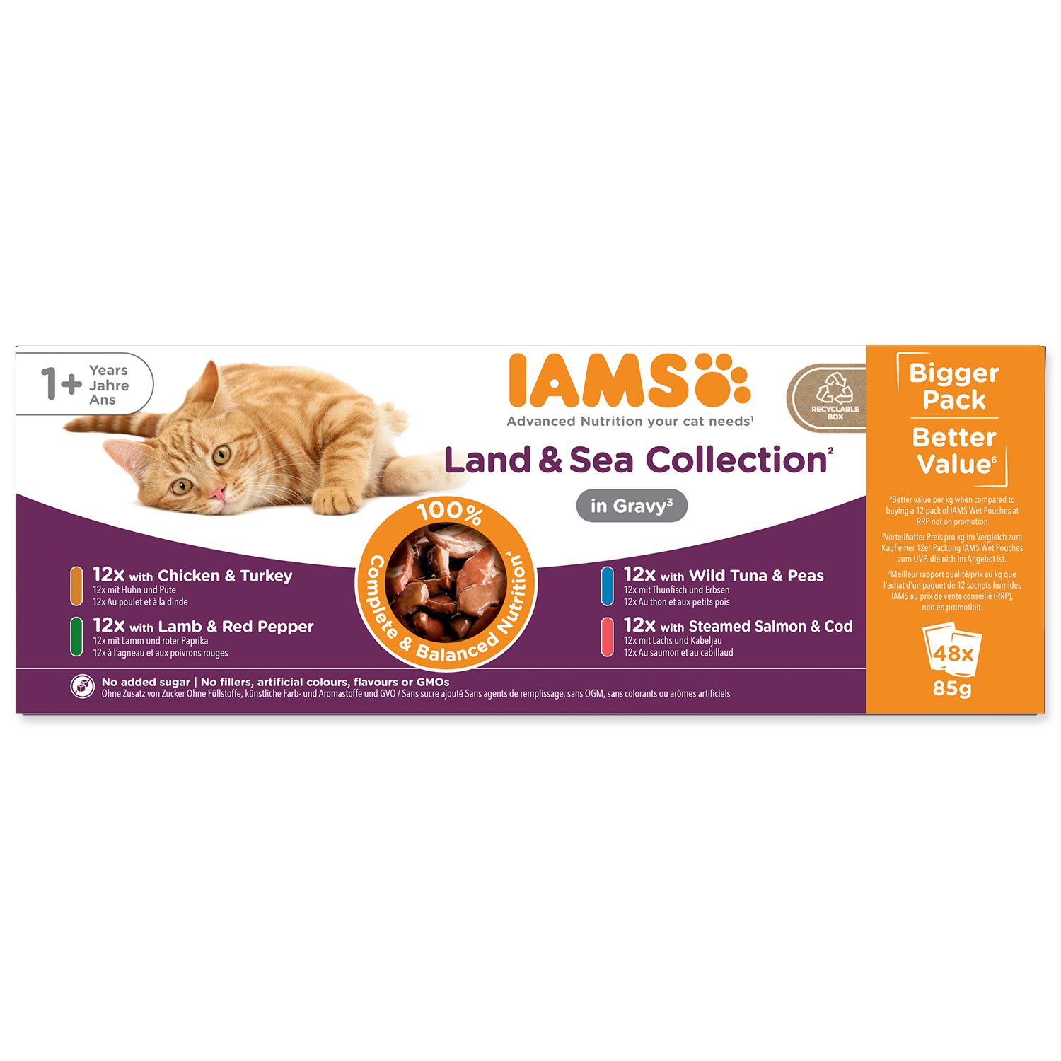 Kapsička IAMS Delights Adult mořské a suchozemské maso v omáčce multipack 4080g (48x85g)