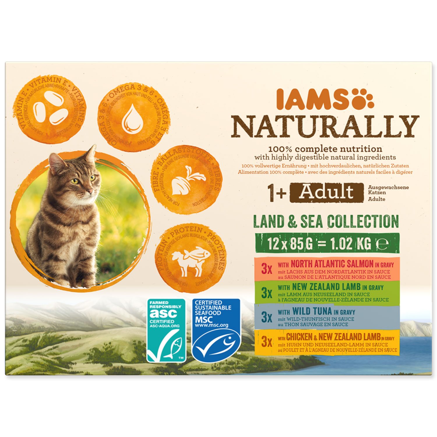Kapsička IAMS Naturally Adult mořské a suchozemské maso v omáčce multipack 1020g (12x85g)