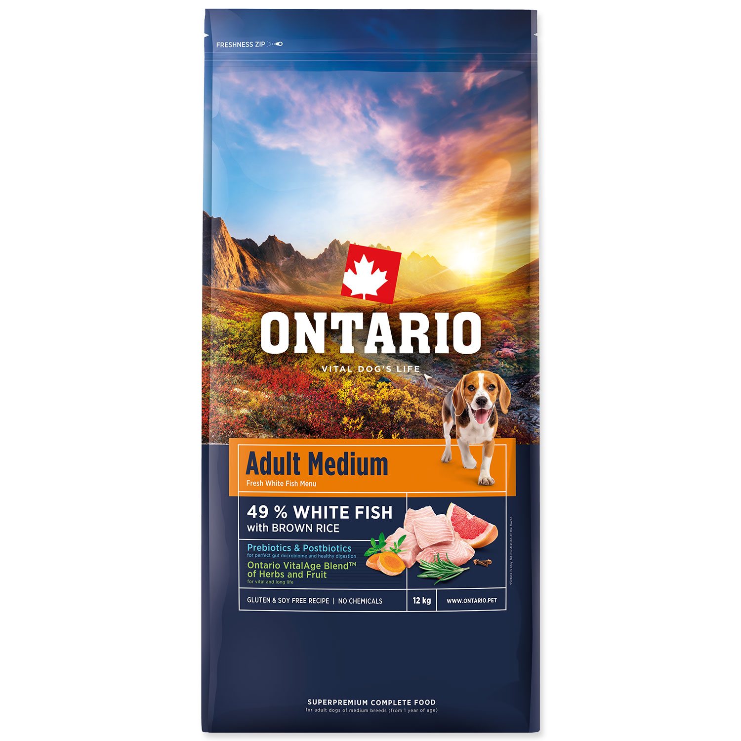 Krmivo Ontario Adult Medium Fish & Brown Rice 12kg-KS