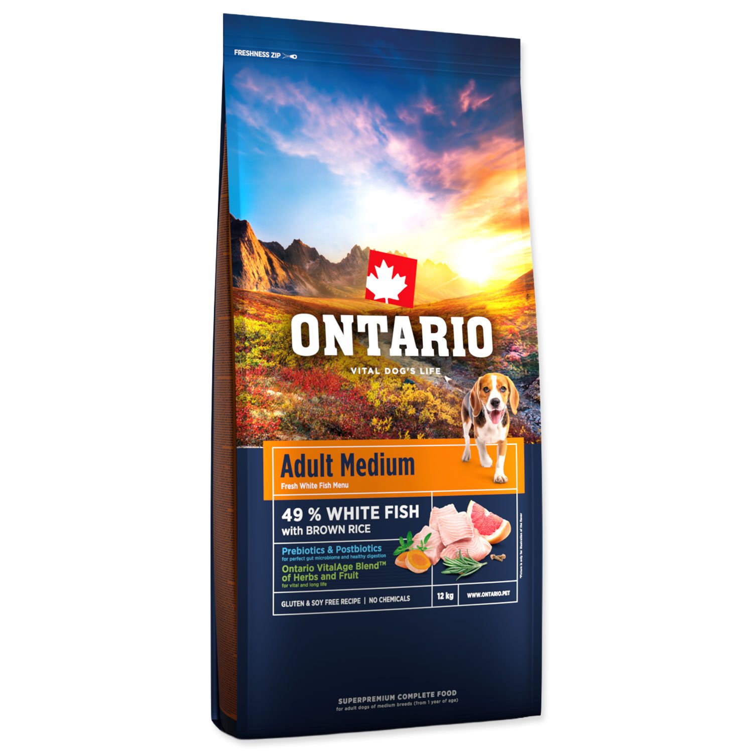 Krmivo Ontario Adult Medium Fish & Brown Rice 12kg-KS