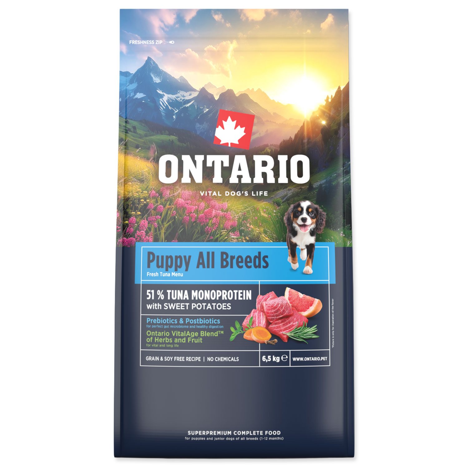 Krmivo Ontario Puppy & Junior All Breeds Monoprotein Tuna & Sweet Potatoes 6,5kg