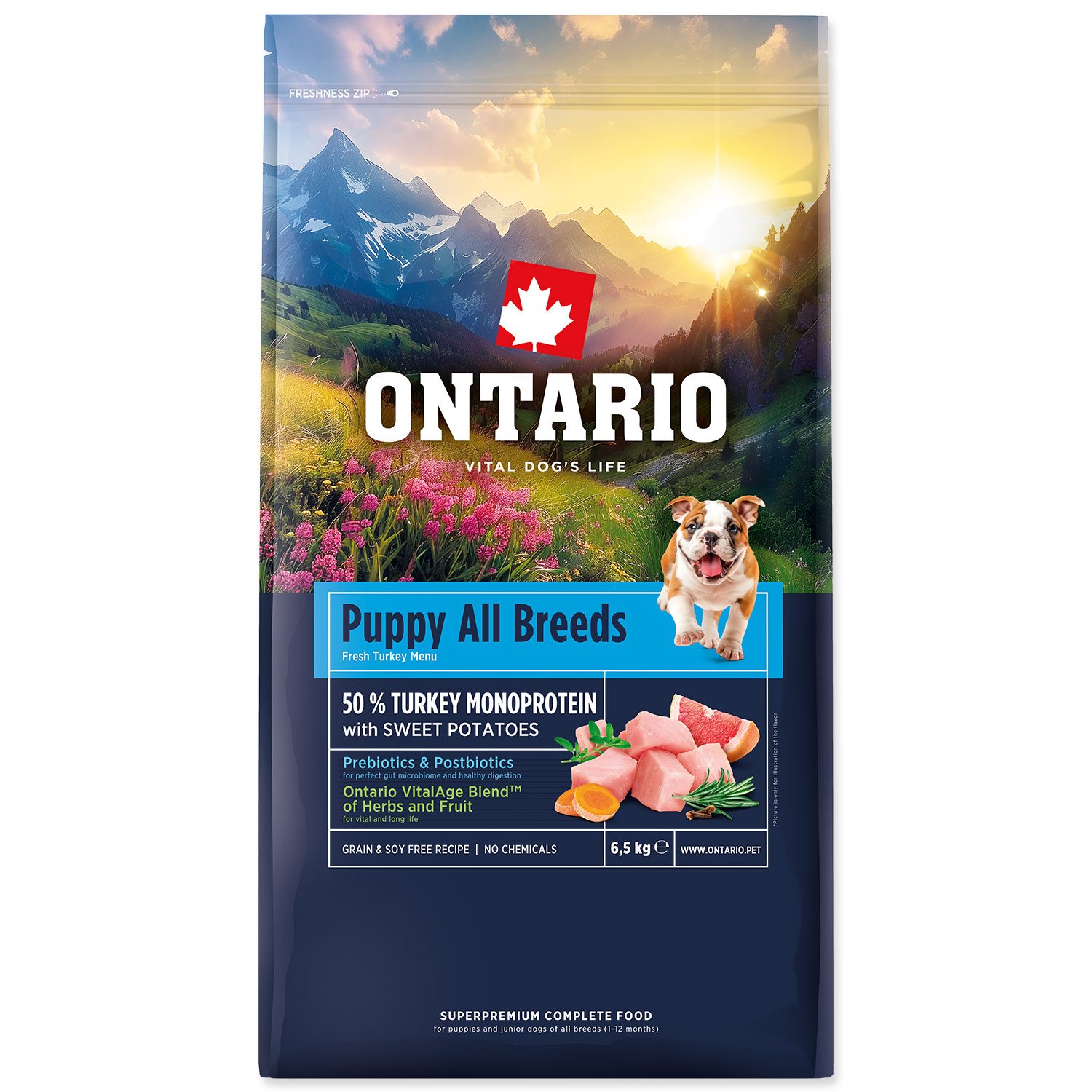 Krmivo Ontario Puppy & Junior All Breeds Monoprotein Turkey & Sweet Potatoes 6,5kg