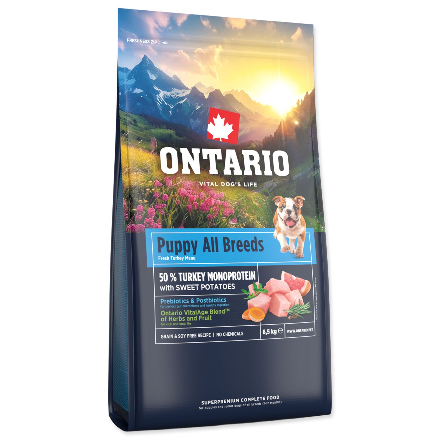 Krmivo Ontario Puppy & Junior All Breeds Monoprotein Turkey & Sweet Potatoes 6,5kg