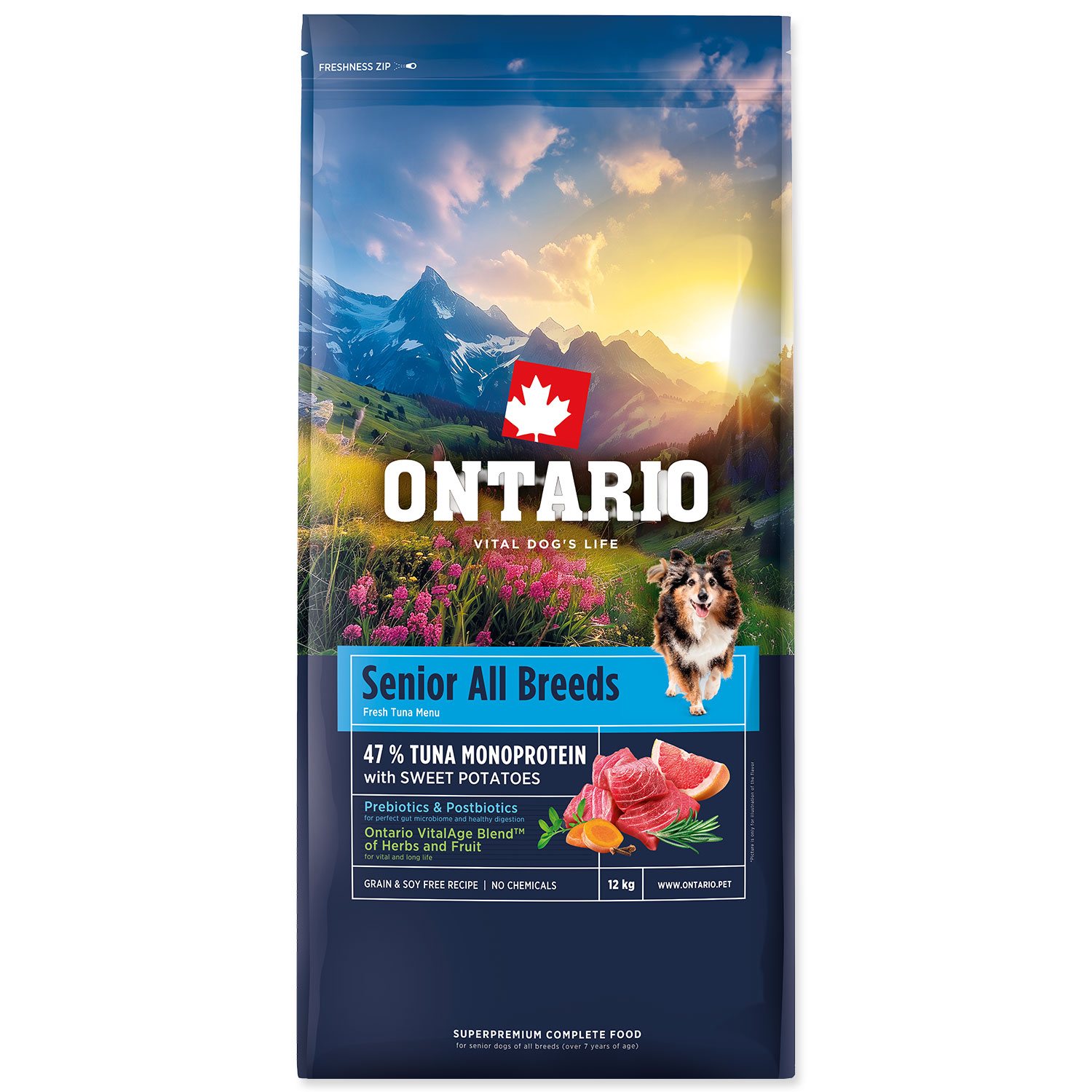 Krmivo Ontario Senior All Breeds Monoprotein Tuna & Sweet Potatoes 12kg