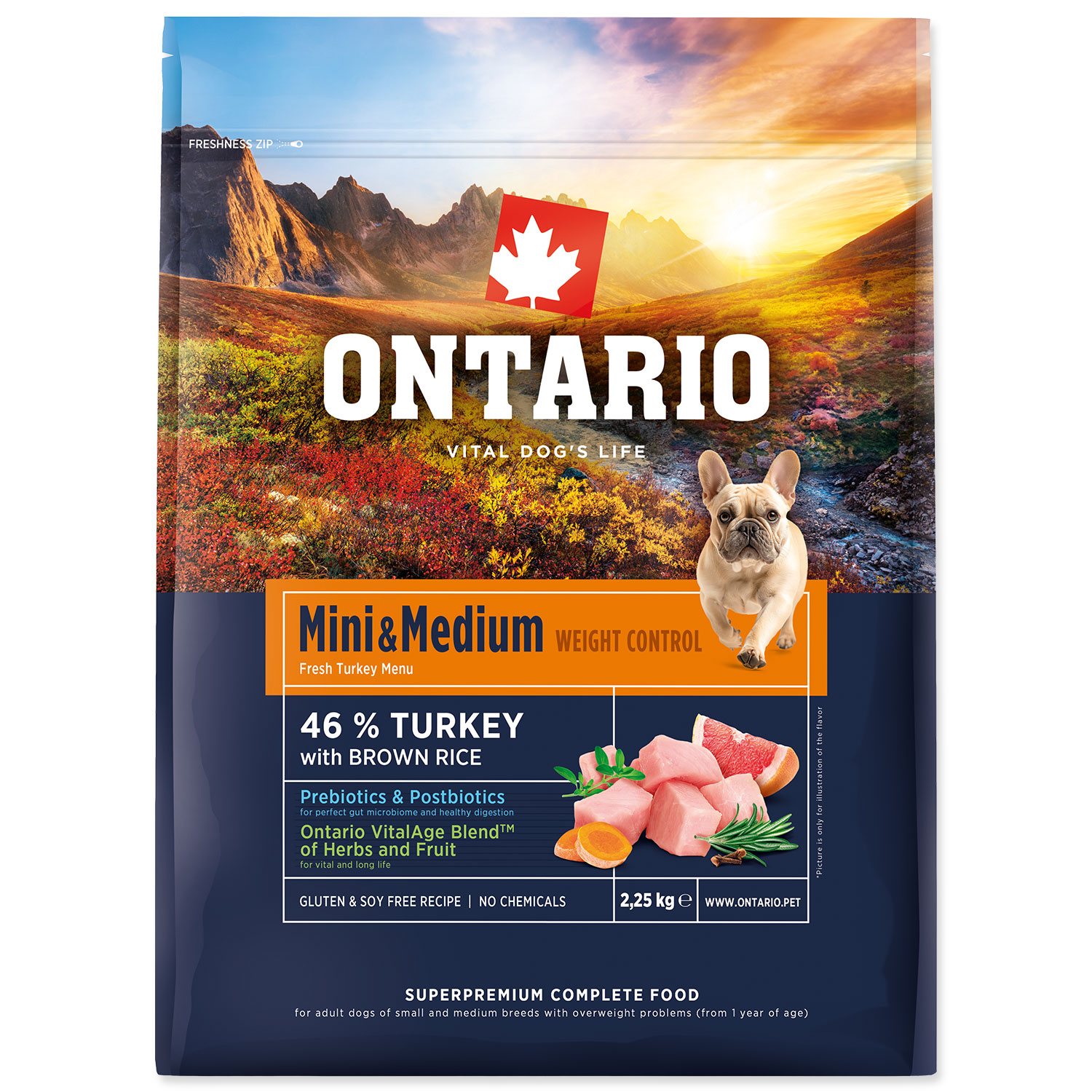 Krmivo Ontario Mini & Medium Weight Control Turkey & Brown Rice 2,25kg-KS