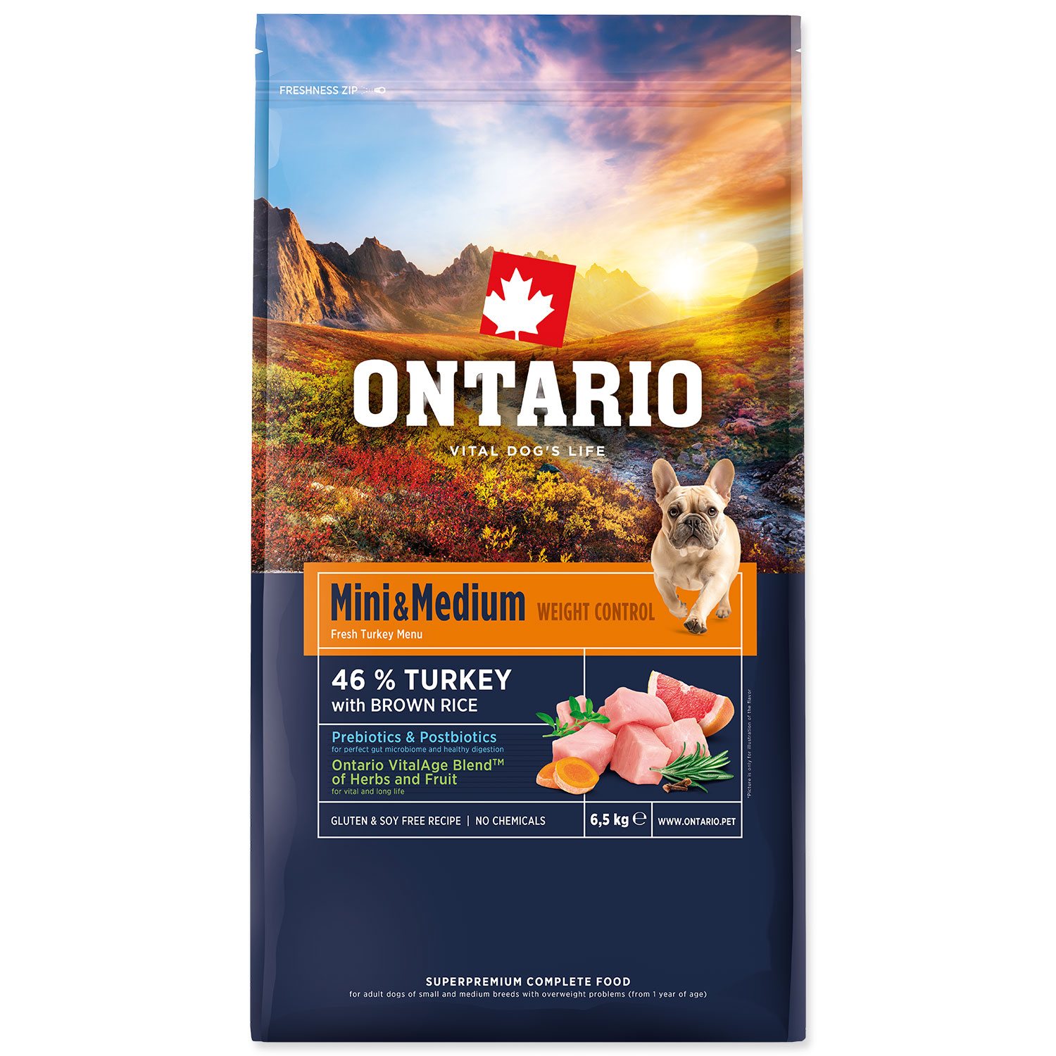 Krmivo Ontario Mini & Medium Weight Control Turkey & Brown Rice 6,5kg-KS