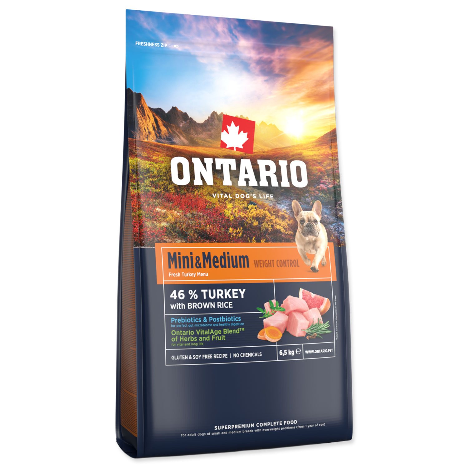 Krmivo Ontario Mini & Medium Weight Control Turkey & Brown Rice 6,5kg-KS