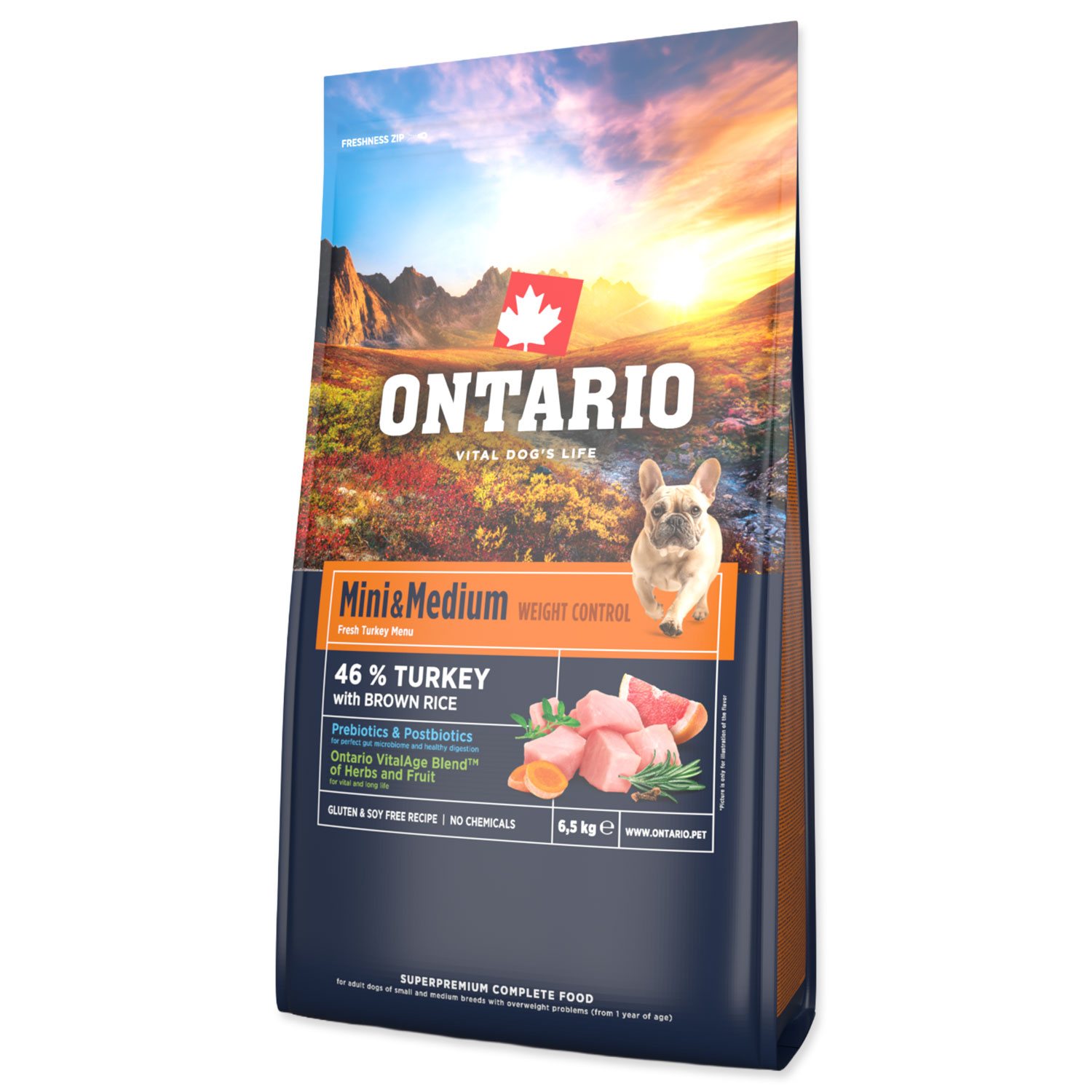 Krmivo Ontario Mini & Medium Weight Control Turkey & Brown Rice 6,5kg-KS
