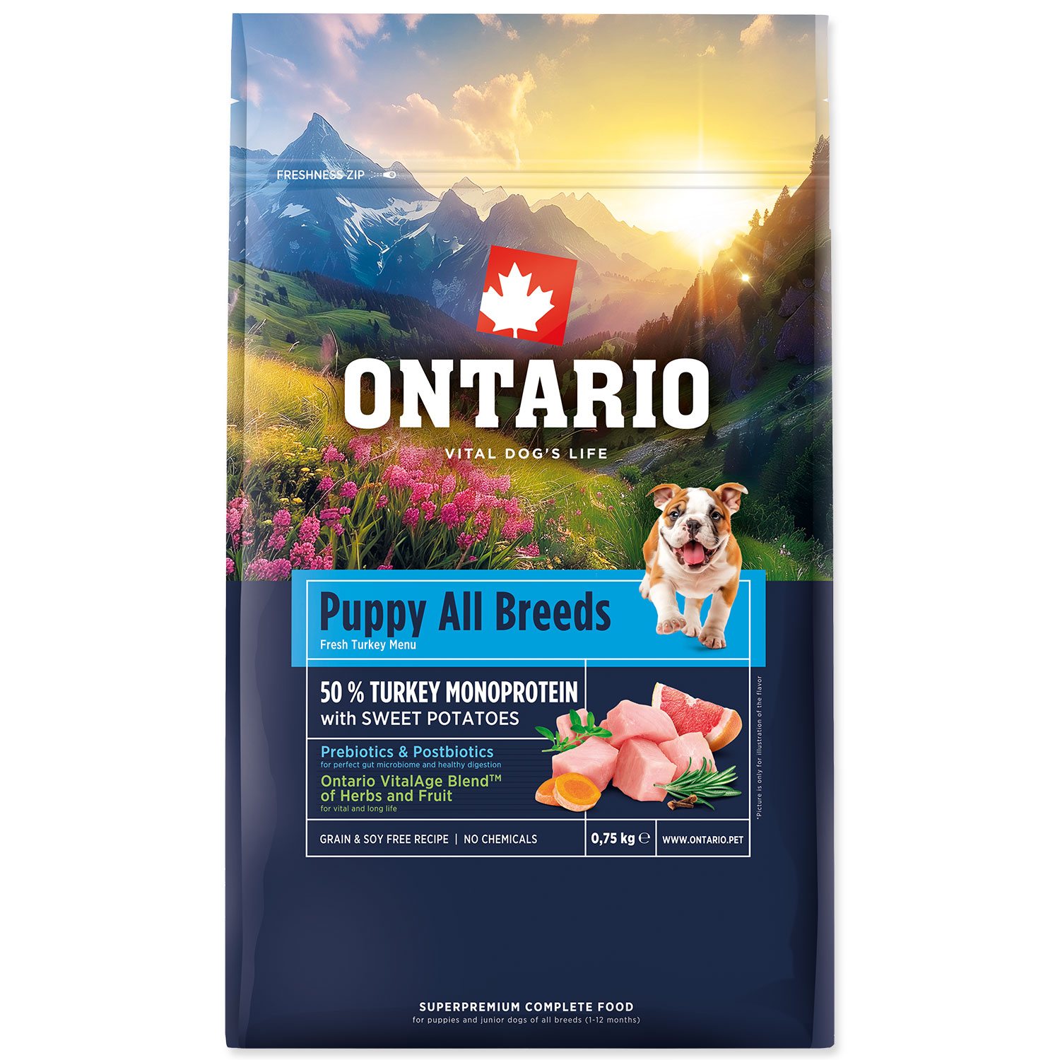 Krmivo Ontario Puppy & Junior All Breeds Monoprotein Turkey & Sweet Potatoes 0,75kg-KS