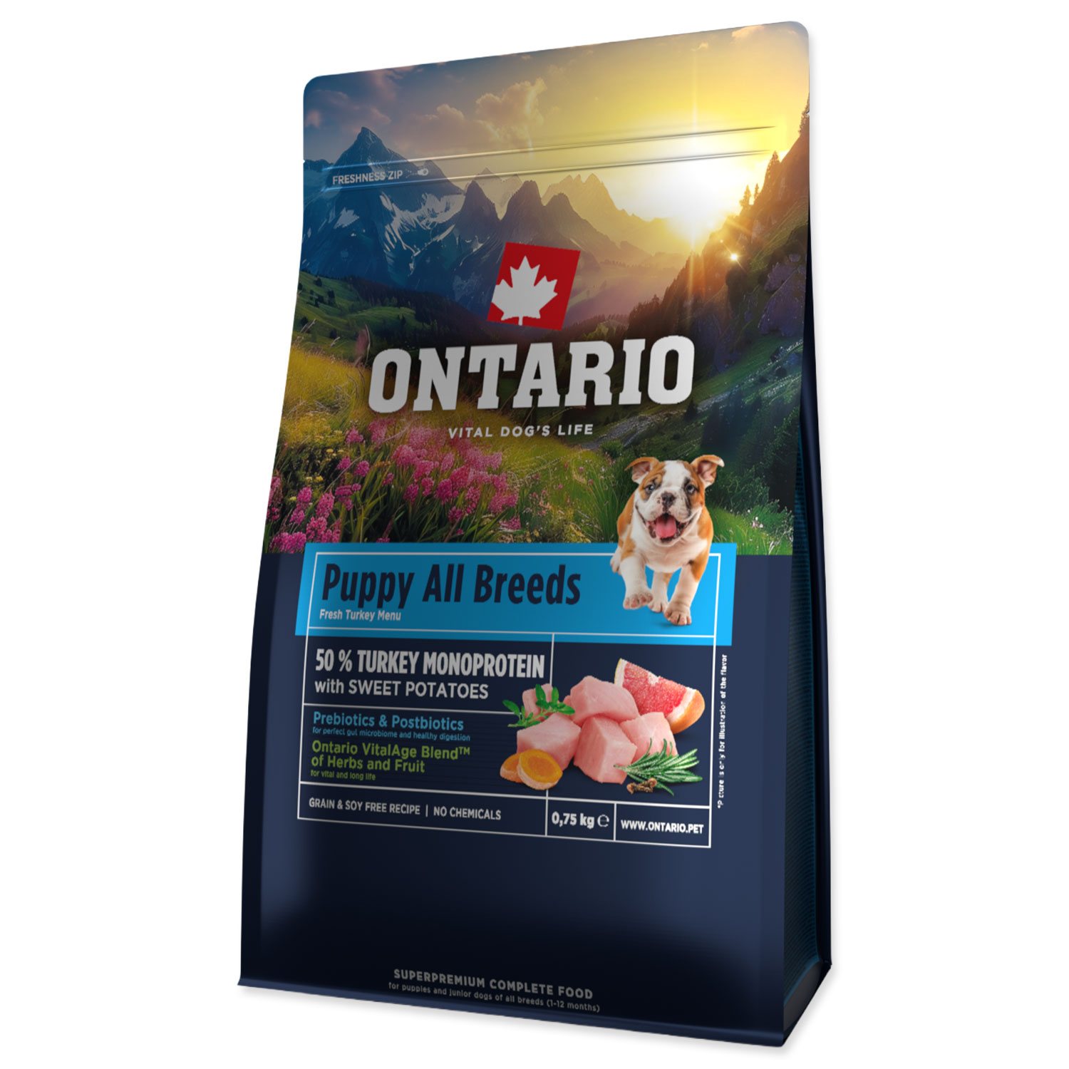 Krmivo Ontario Puppy & Junior All Breeds Monoprotein Turkey & Sweet Potatoes 0,75kg-KS