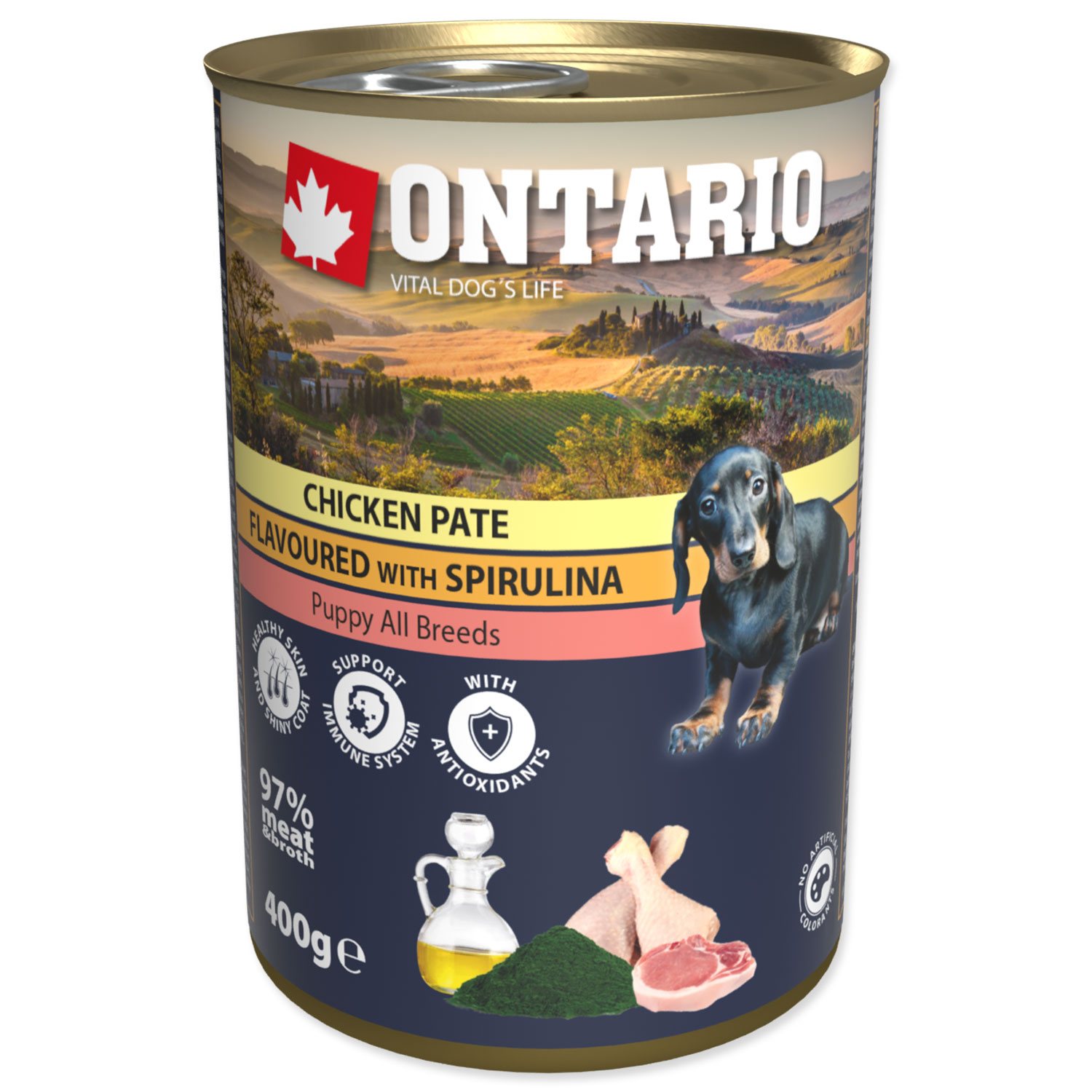 Konzerva Ontario Puppy kuře se spirulinou, paté 400g-KS