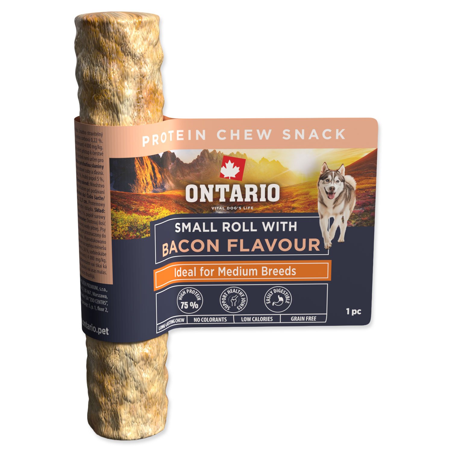 Pochoutka Ontario Protein příchuť slanina, žvýkací rolka malá 1ks 12,7cm-KS