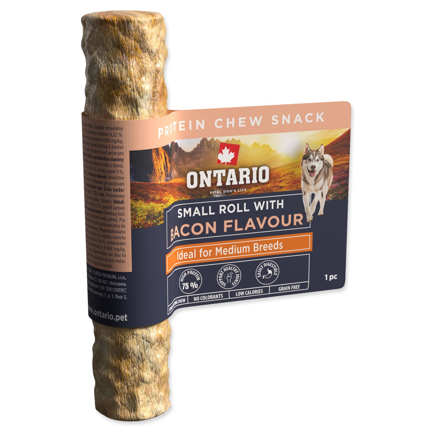 Pochoutka Ontario Protein příchuť slanina, žvýkací rolka malá 1ks 12,7cm-KS