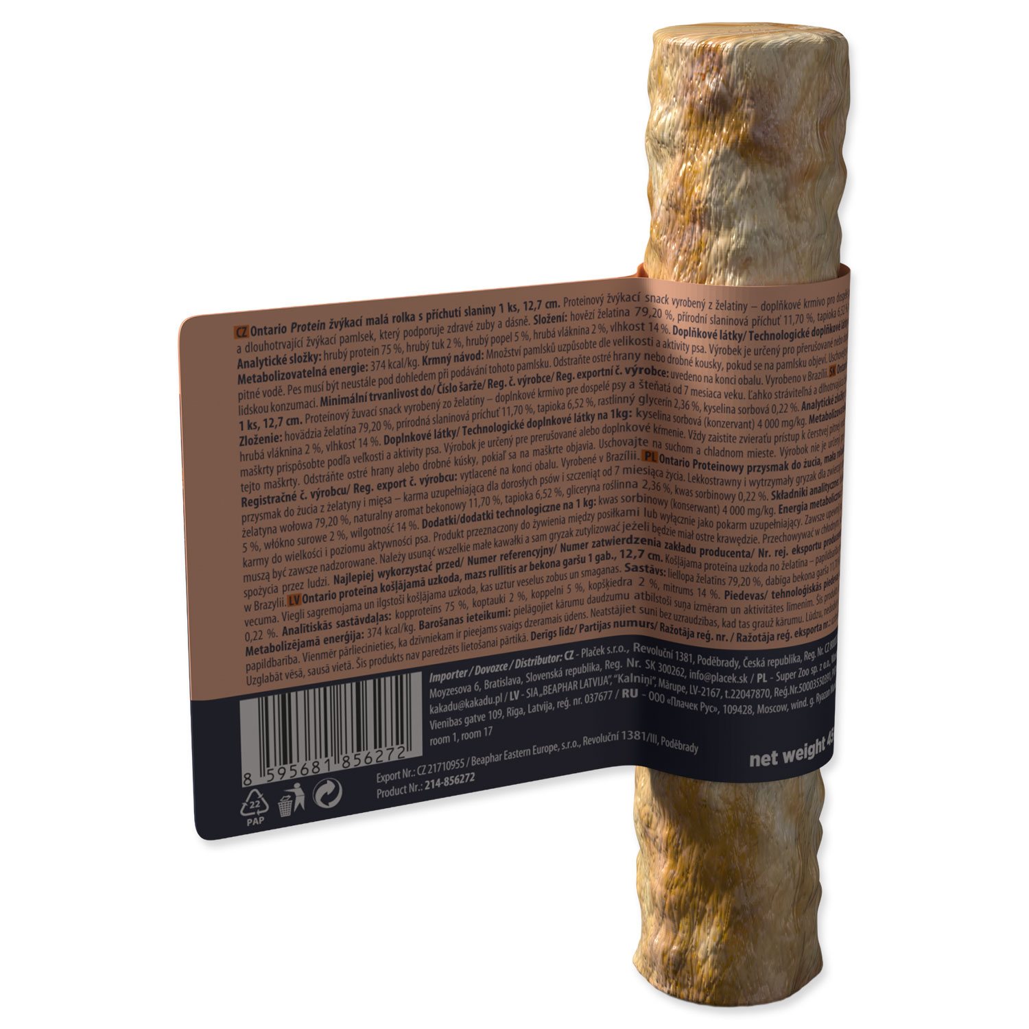 Pochoutka Ontario Protein příchuť slanina, žvýkací rolka malá 1ks 12,7cm-KS