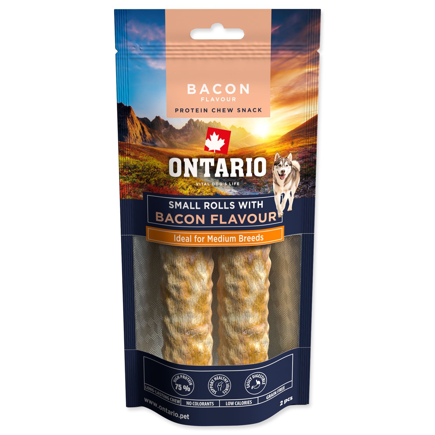 Pochoutka Ontario Protein příchuť slanina, žvýkací rolka malá 2ks 12,7cm-KS