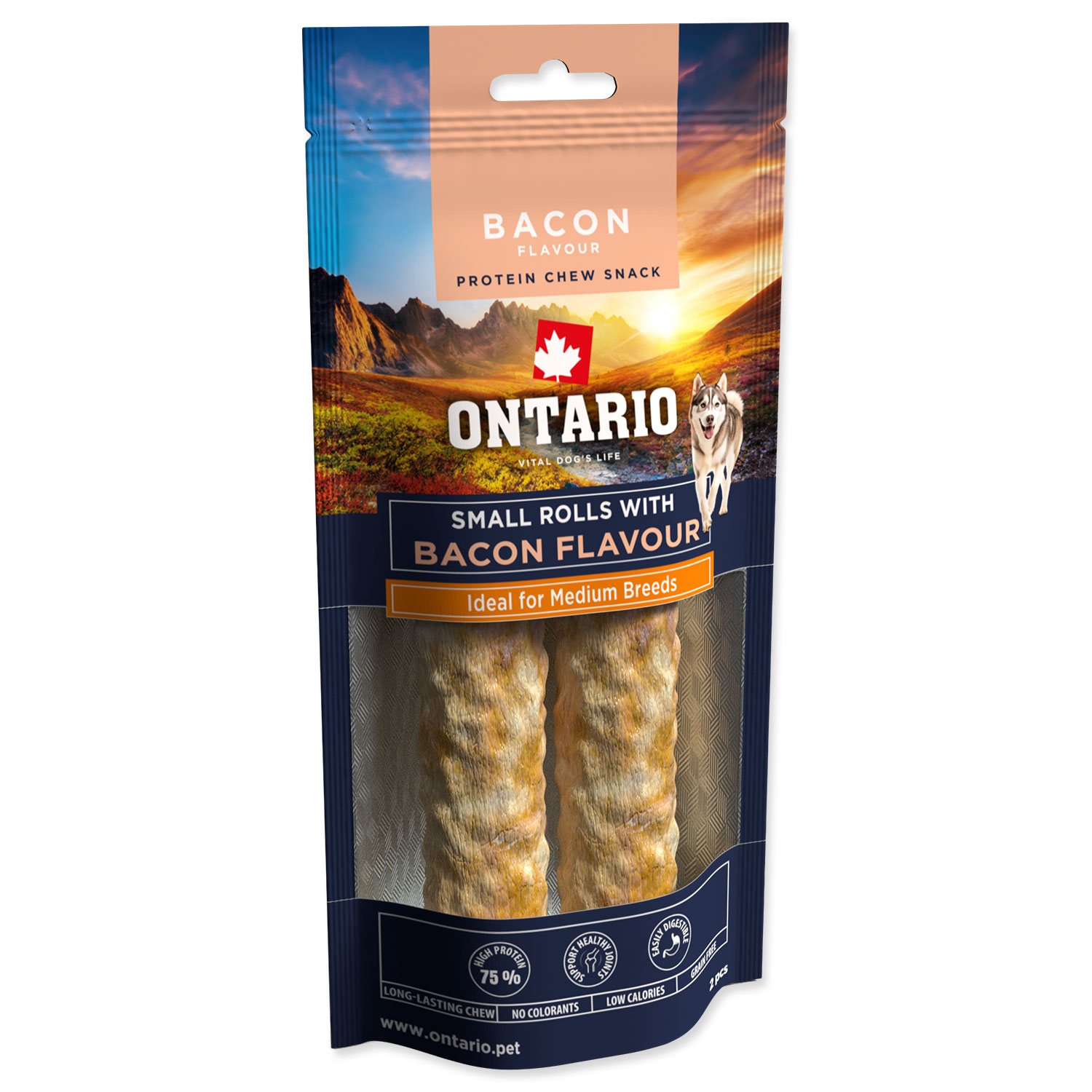 Pochoutka Ontario Protein příchuť slanina, žvýkací rolka malá 2ks 12,7cm-KS