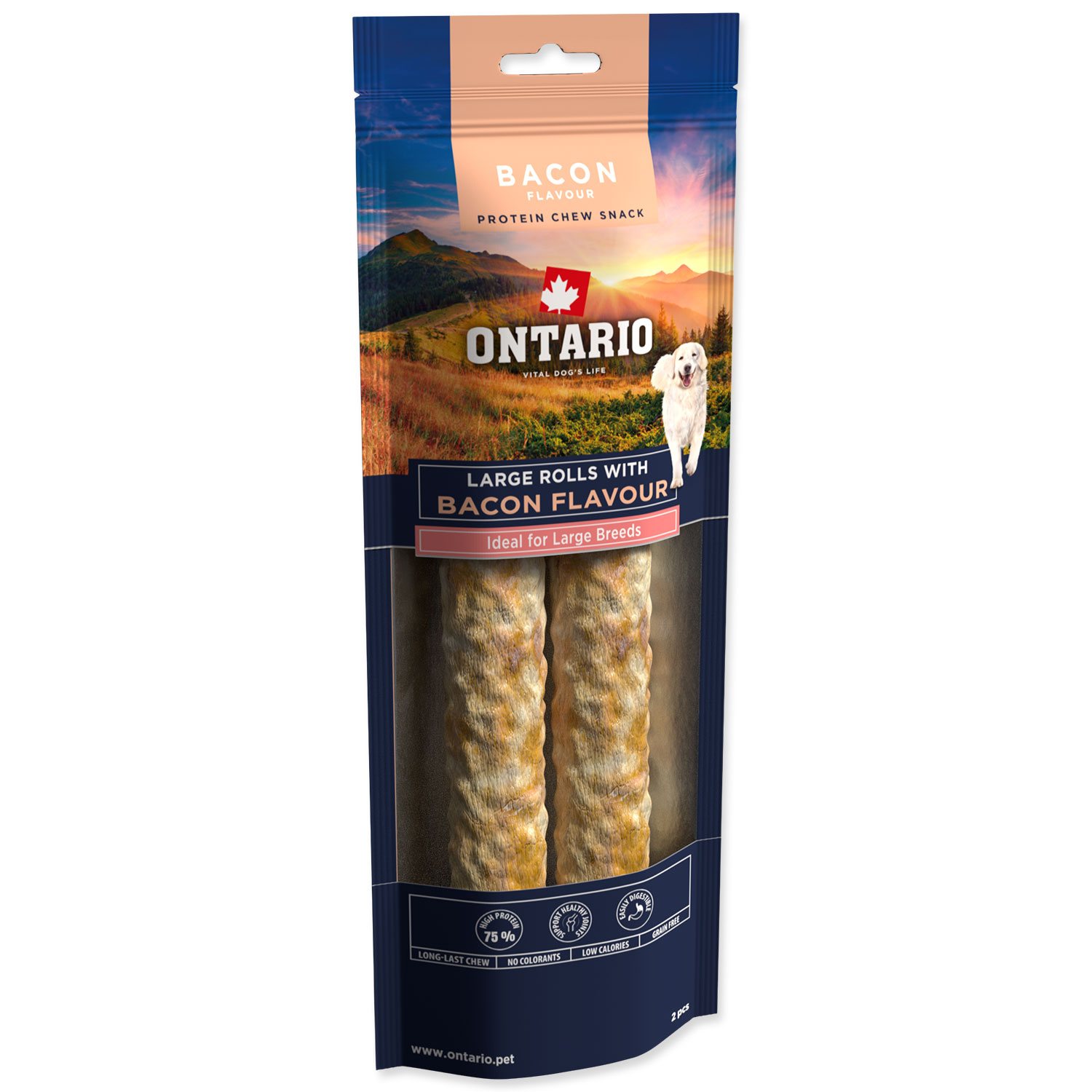 Pochoutka Ontario Protein příchuť slanina, žvýkací rolka velká 2ks 25,4cm-KS