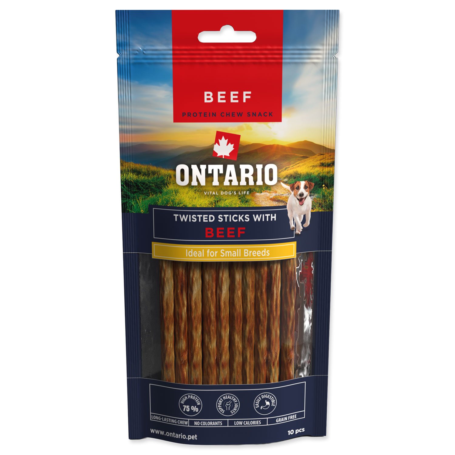 Pochoutka Ontario Protein žvýkací točené tyčinky s hovězím 10ks 12,7cm-KS