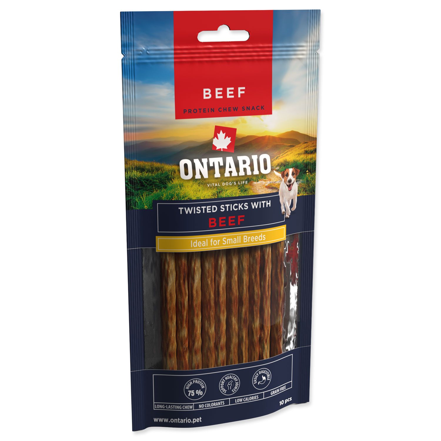 Pochoutka Ontario Protein žvýkací točené tyčinky s hovězím 10ks 12,7cm-KS