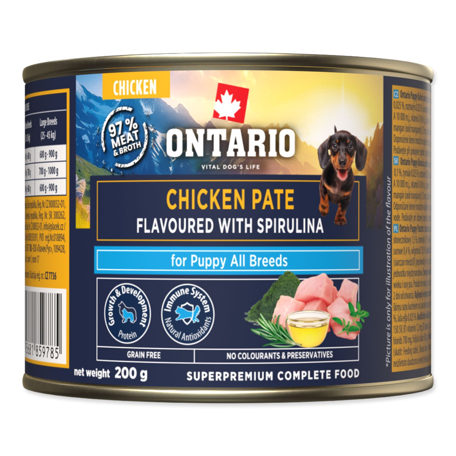 Konzerva Ontario Puppy kuřecí pate s příchutí spiruliny 200g-KS