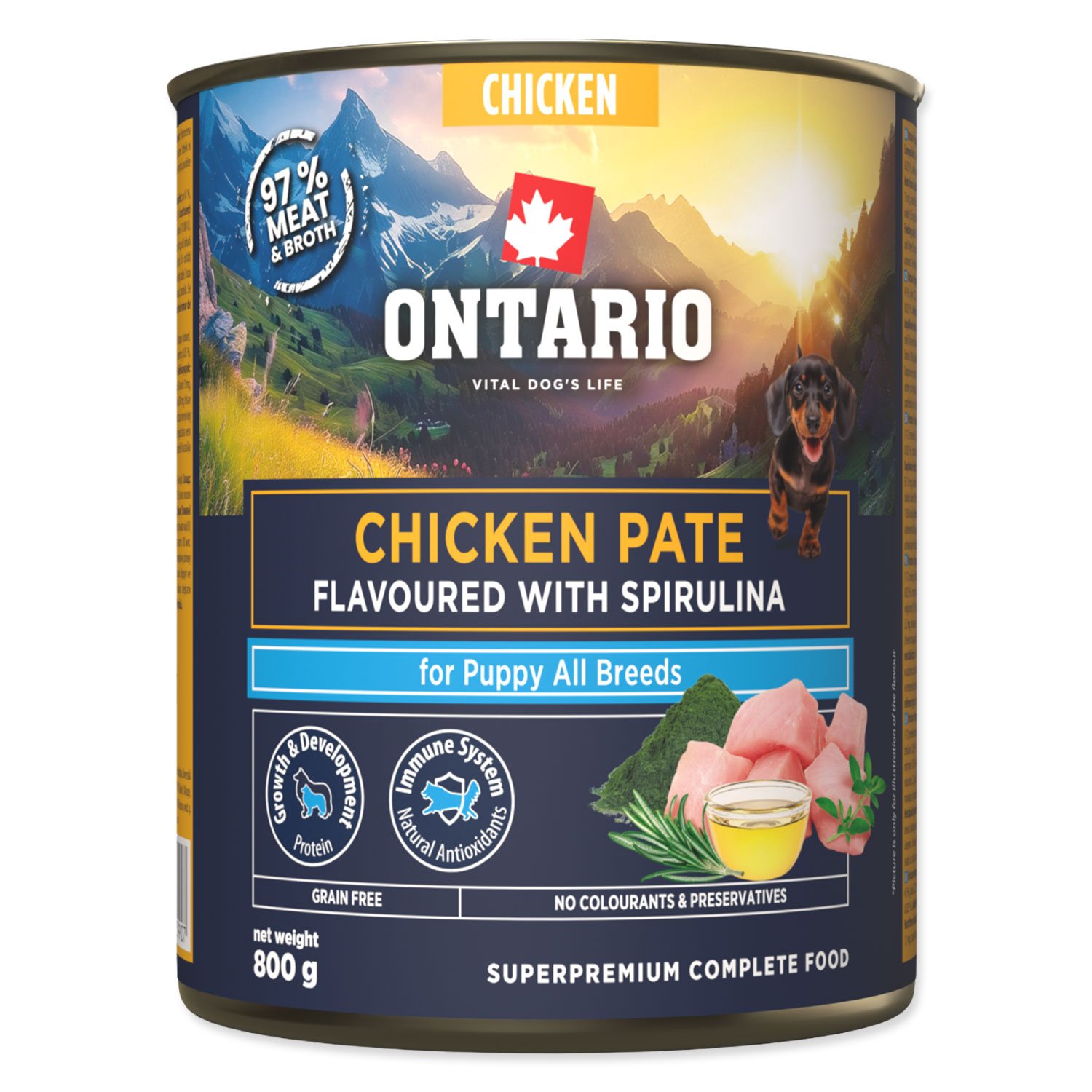 Konzerva Ontario Puppy kuřecí pate s příchutí spiruliny 800g-KS