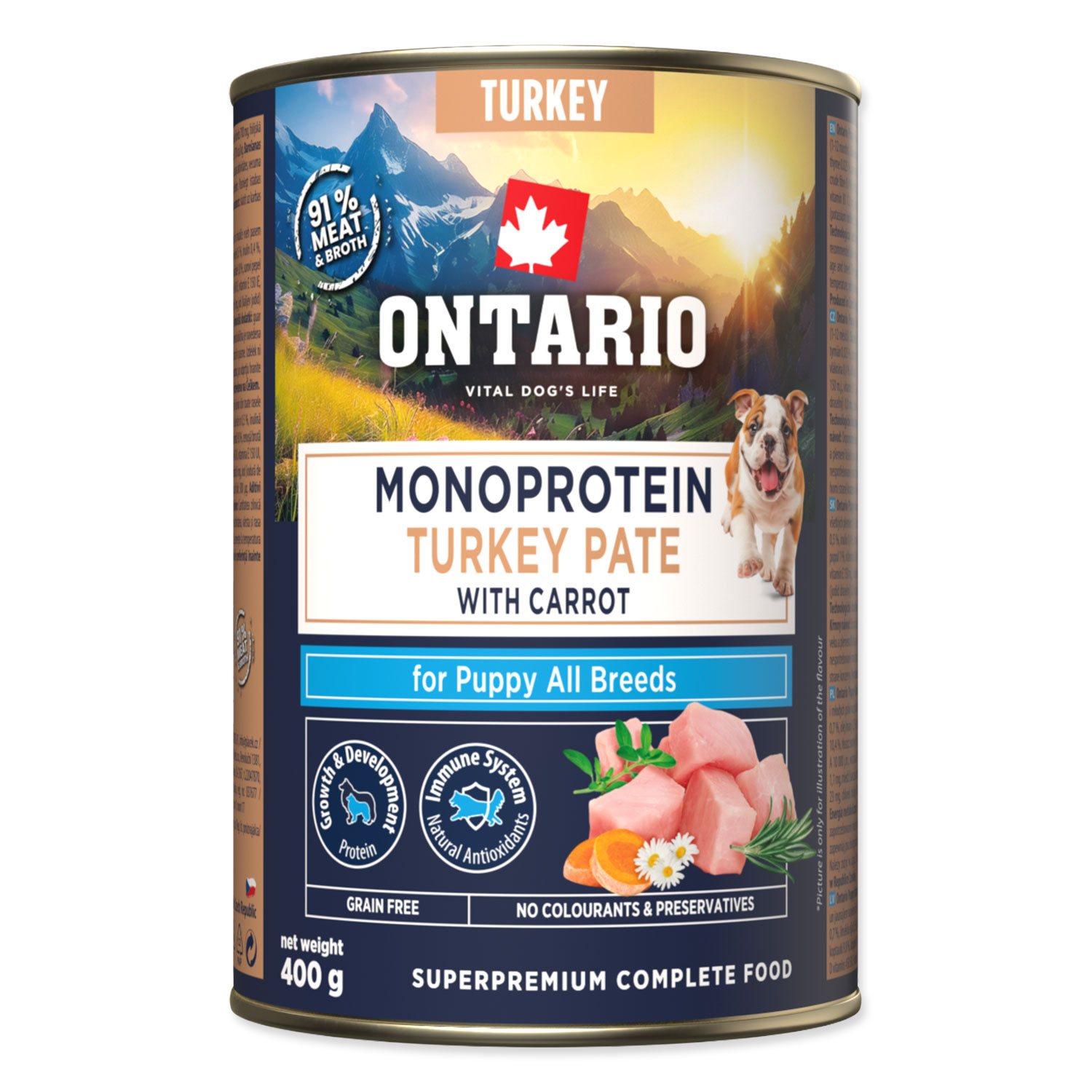 Konzerva Ontario Puppy monoprotein krůtí pate s mrkví 400g-KS