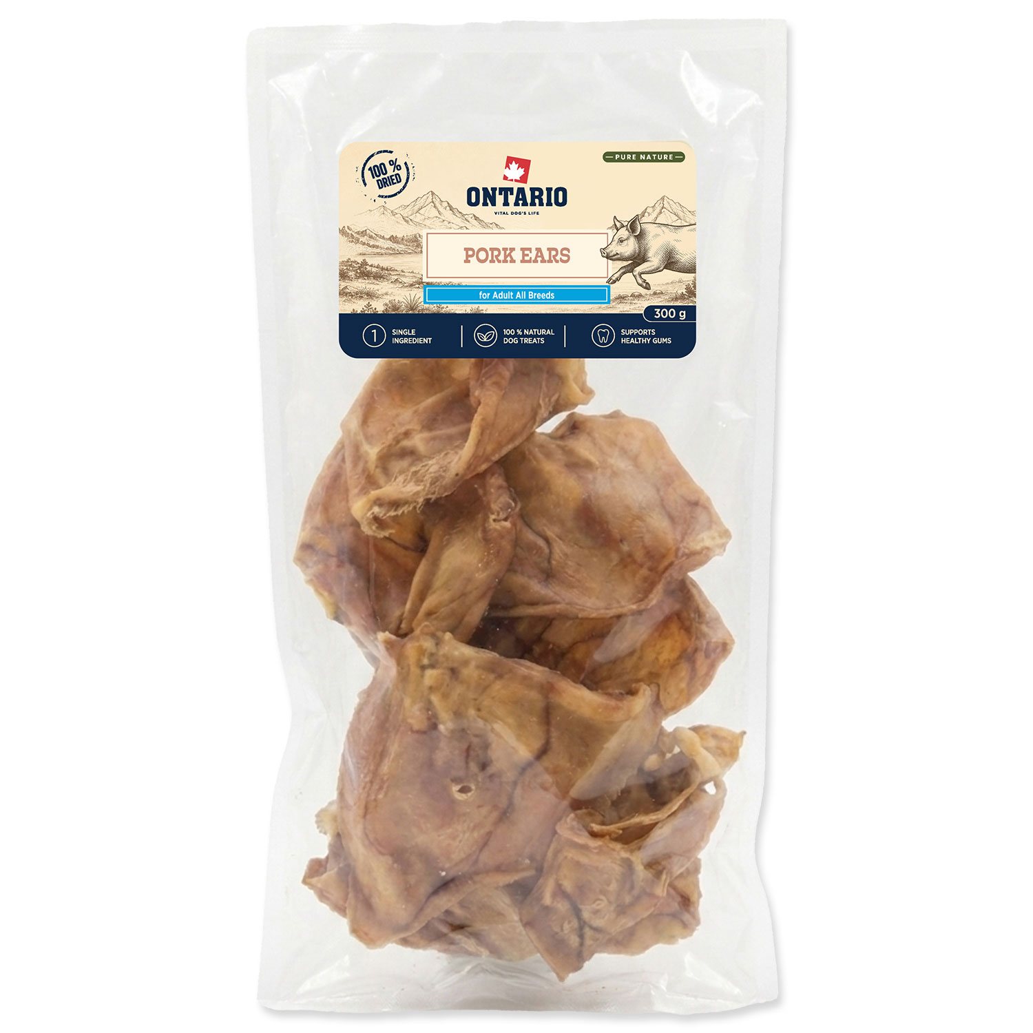 Pochoutka Ontario Pure Nature vepřové uši sušené 300g-KS