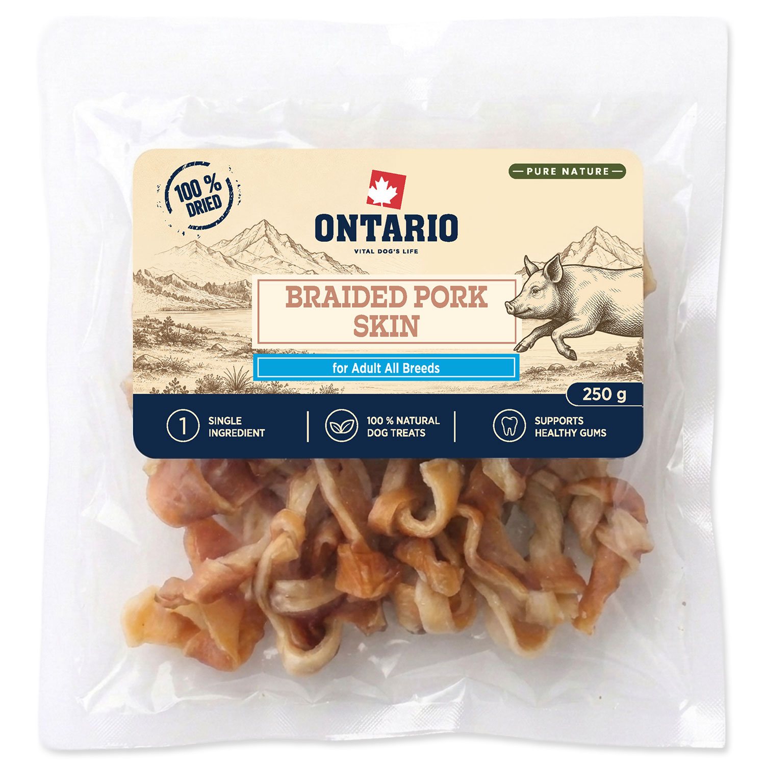 Pochoutka Ontario Pure Nature vepřová kůže pletená sušená 250g-KS