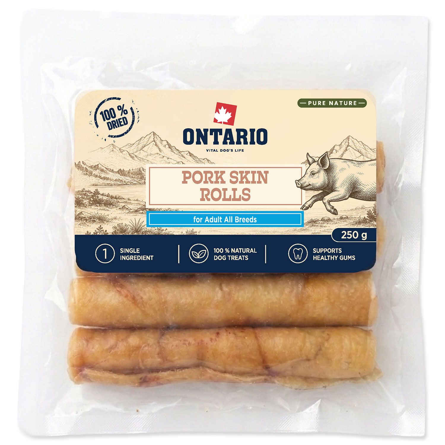 Pochoutka Ontario Pure Nature vepřová kůže rolka sušená 250g-KS
