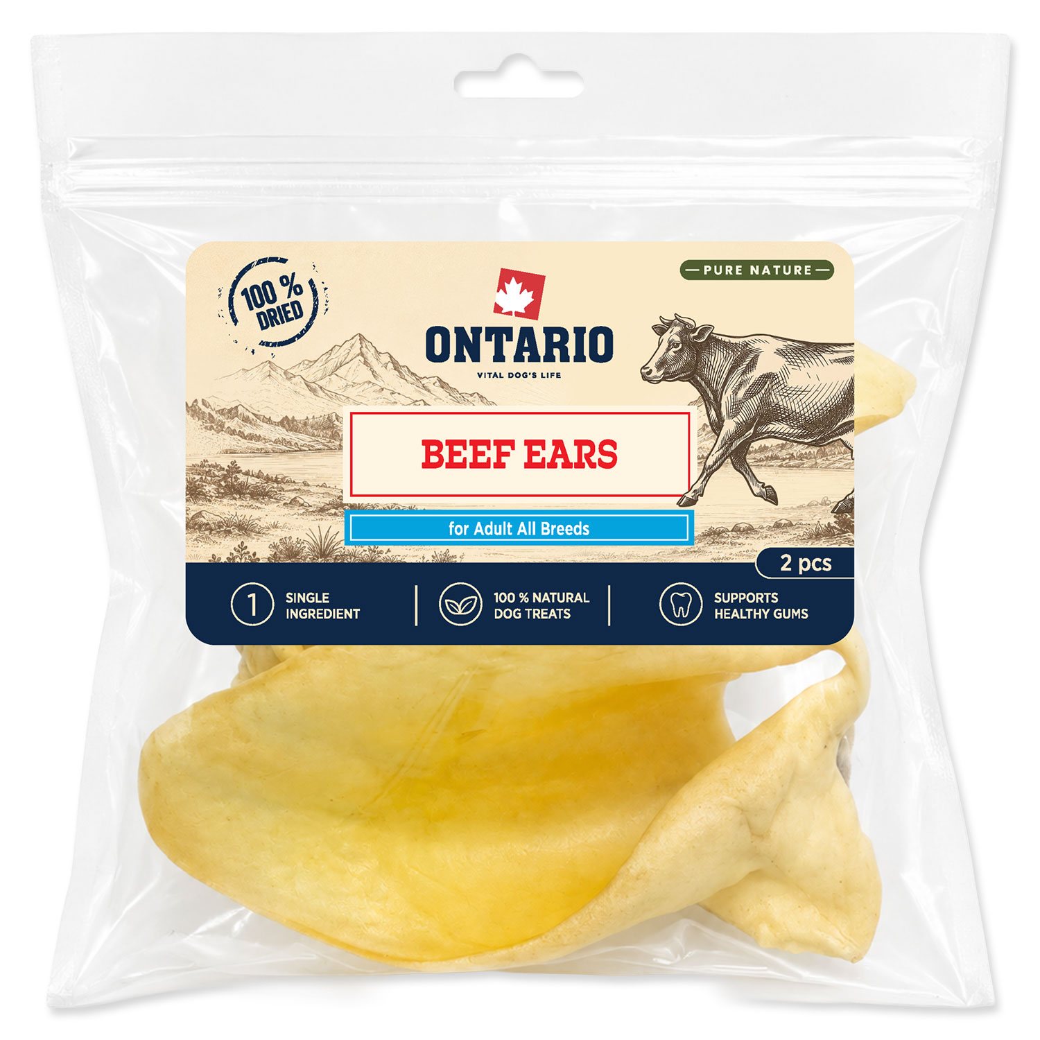 Pochoutka Ontario Pure Nature hovězí uši sušené 2ks-KS