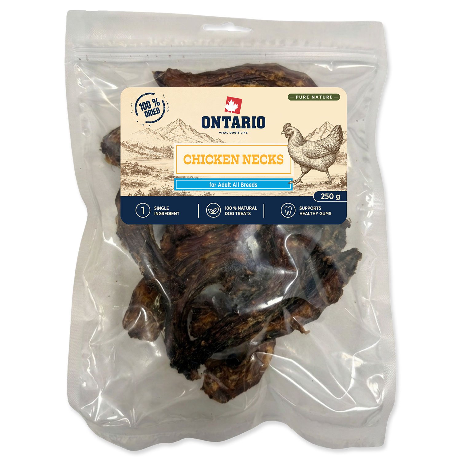 Pochoutka Ontario Pure Nature kuřecí krky sušené 250g-KS