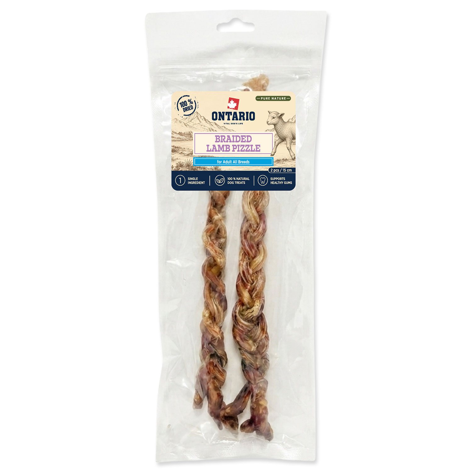 Pochoutka Ontario Pure Nature jehněčí penis pletený sušený 2ks 15cm-KS