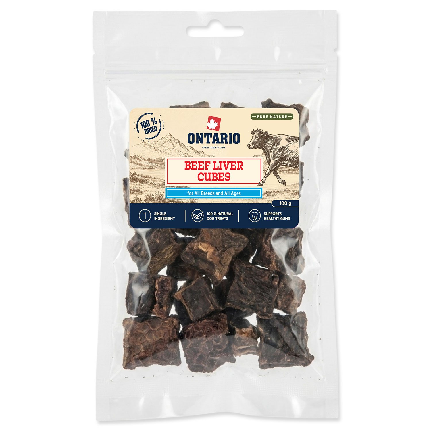 Pochoutka Ontario Pure Nature hovězí játrové kostky sušené 100g-KS