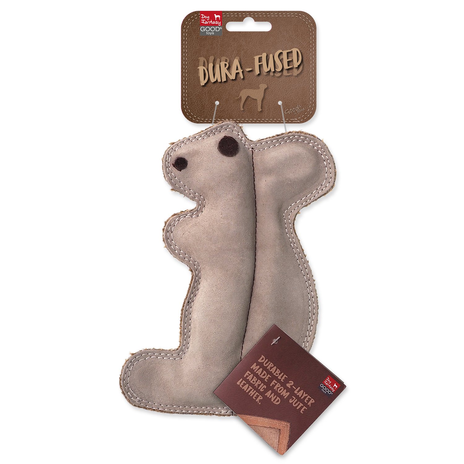 Hračka Dog Fantasy Dura-fused veverka pískací, kůže a juta 20cm-KS