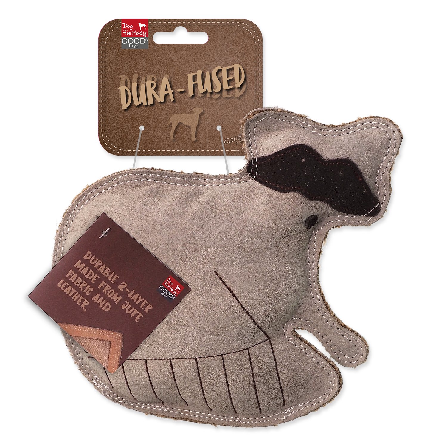 Hračka Dog Fantasy Dura-fused mýval pískací, kůže a juta 18,5cm-KS