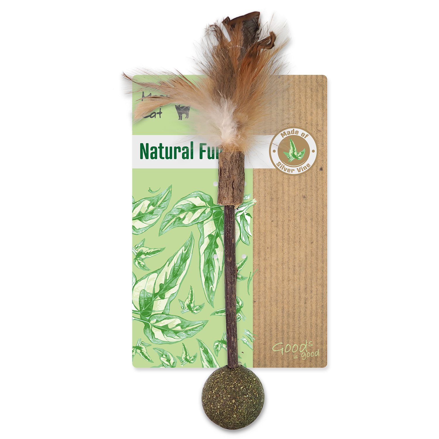 Hračka Magic Cat Natural Fun dřívko s přírodními pírky a koulemi 18cm-KS