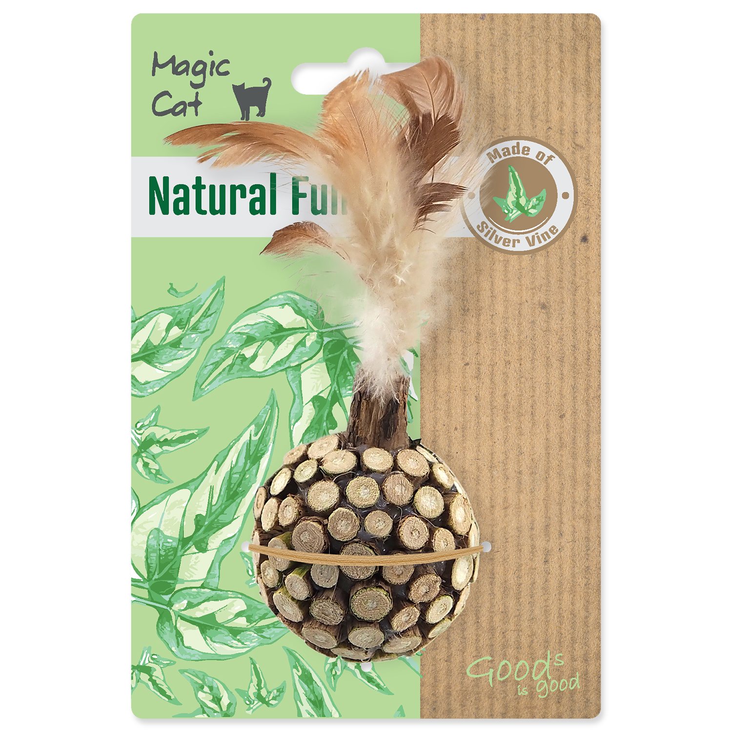 Hračka Magic Cat Natural Fun koule s přírodními pírky a oblepené dřevem 13cm-KS