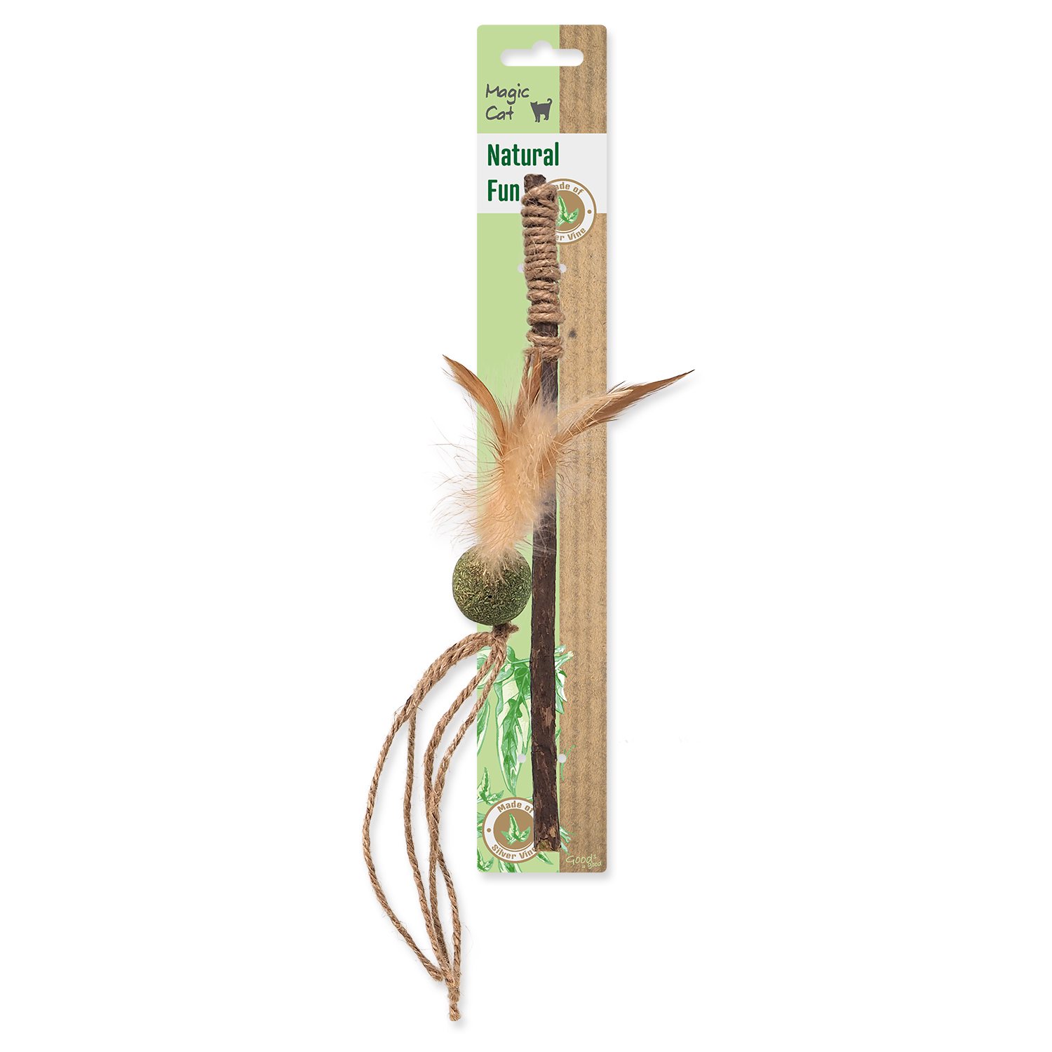 Hračka Magic Cat Natural Fun šidítko s přírodními pírky a provázky mix 25cm
