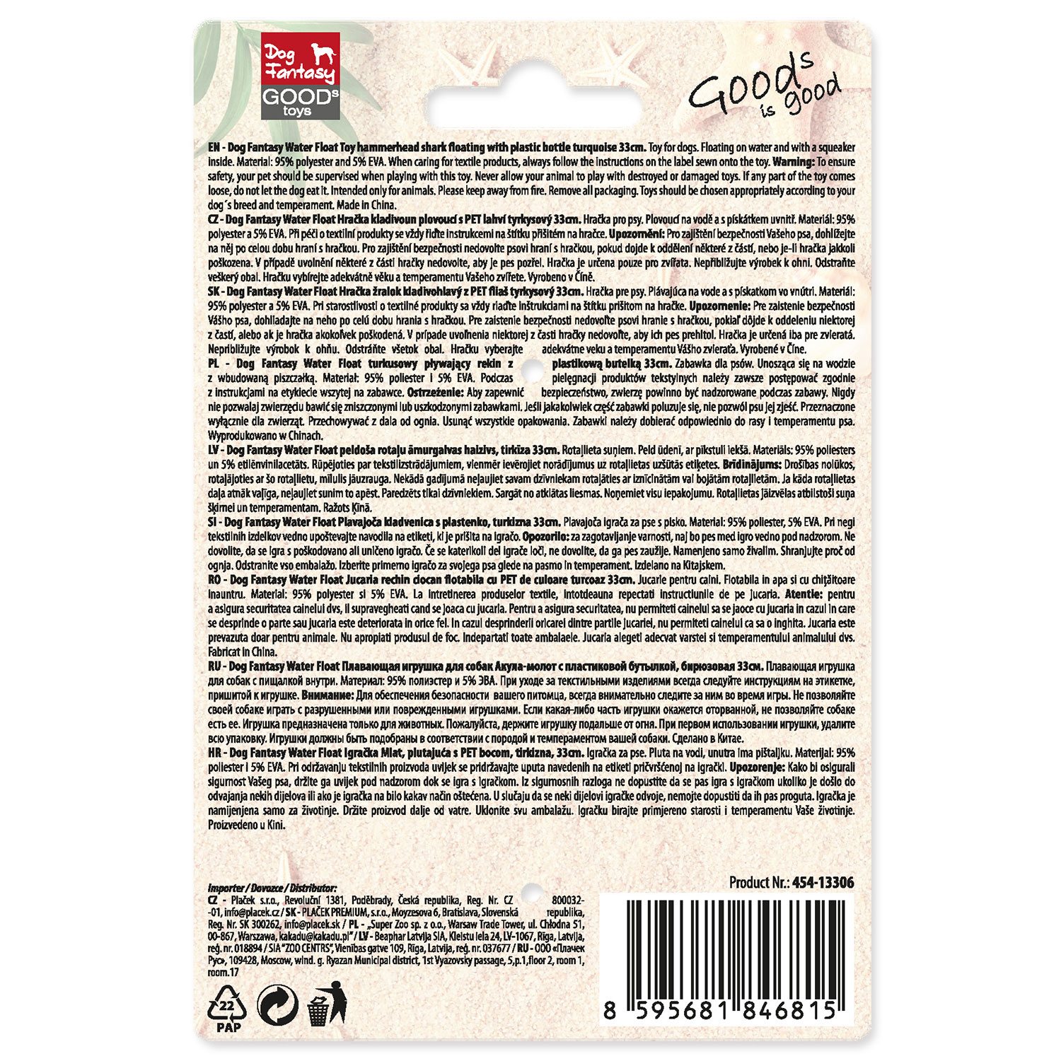 Hračka Dog Fantasy Water Float kladivoun plovoucí s PET lahví tyrkysová 33cm-KS