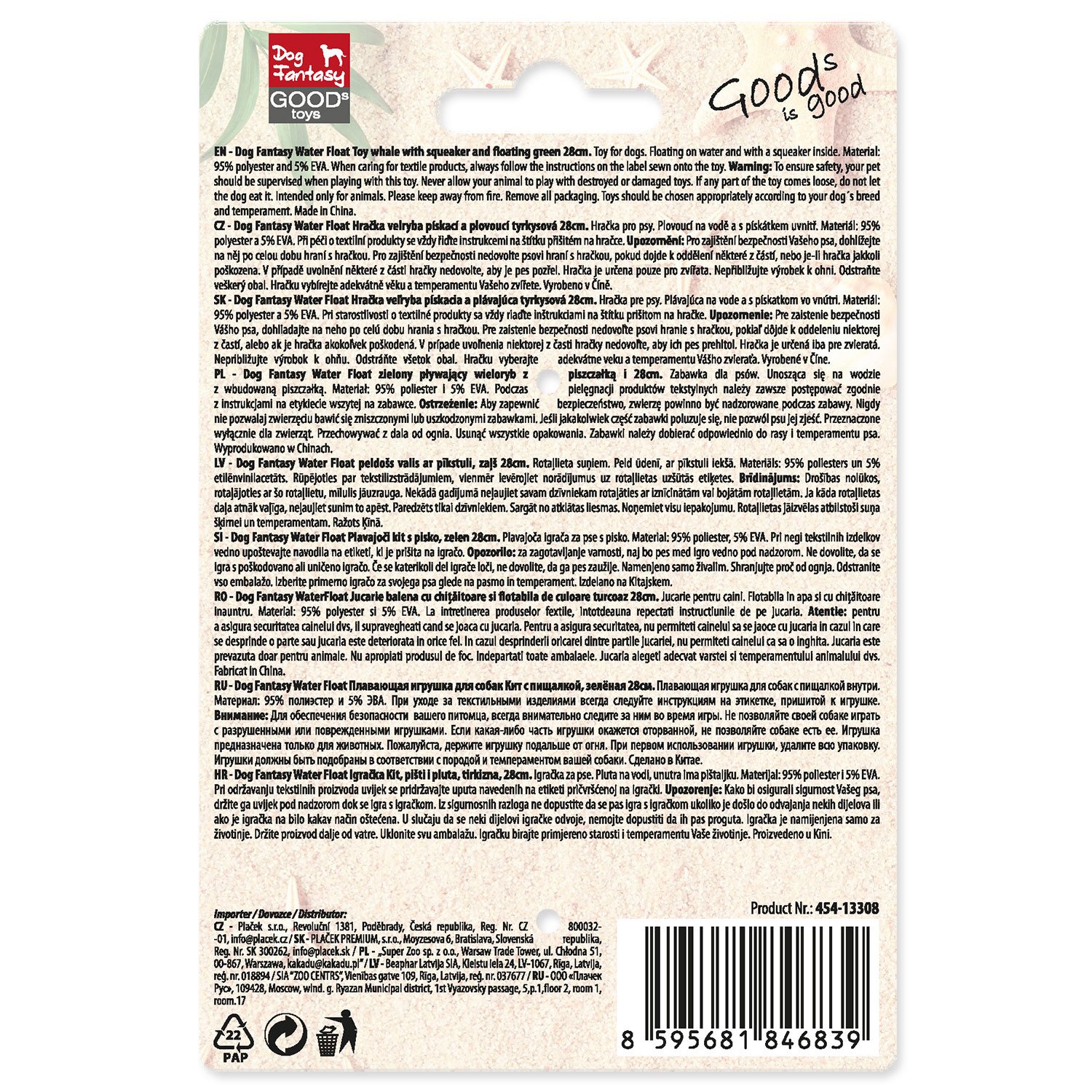 Hračka Dog Fantasy Water Float velryba pískací a plovoucí tyrkysová 28cm-KS