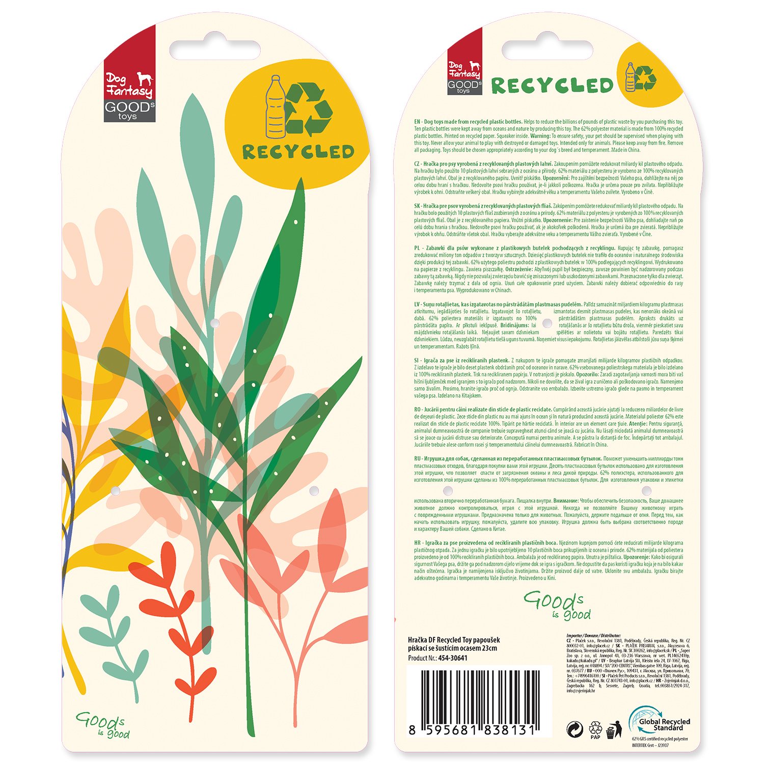 Hračka Dog Fantasy Recycled Toy papoušek pískací se šustícím ocasem 23cm-KS