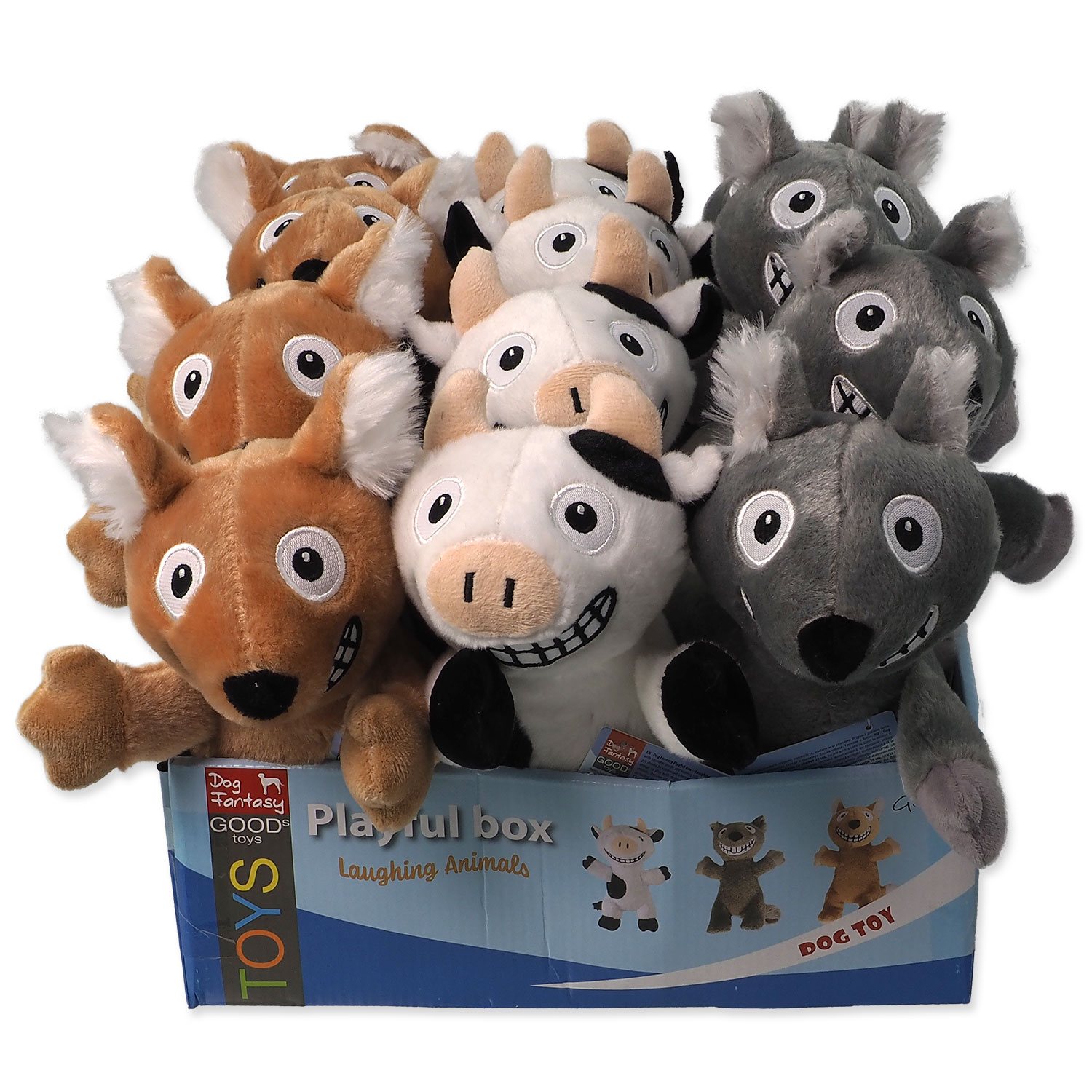Hračky Dog Fantasy Playful Box Laughing zvířat pískací a šustící ocas mix 29cm 18ks