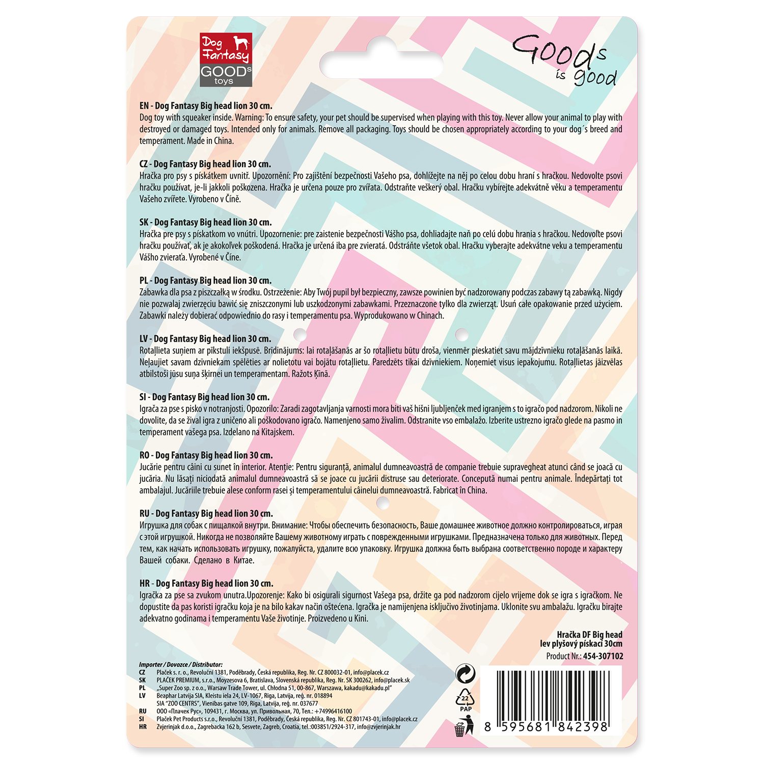 Hračka Dog Fantasy Big head lev plyšový pískací 30cm-KS
