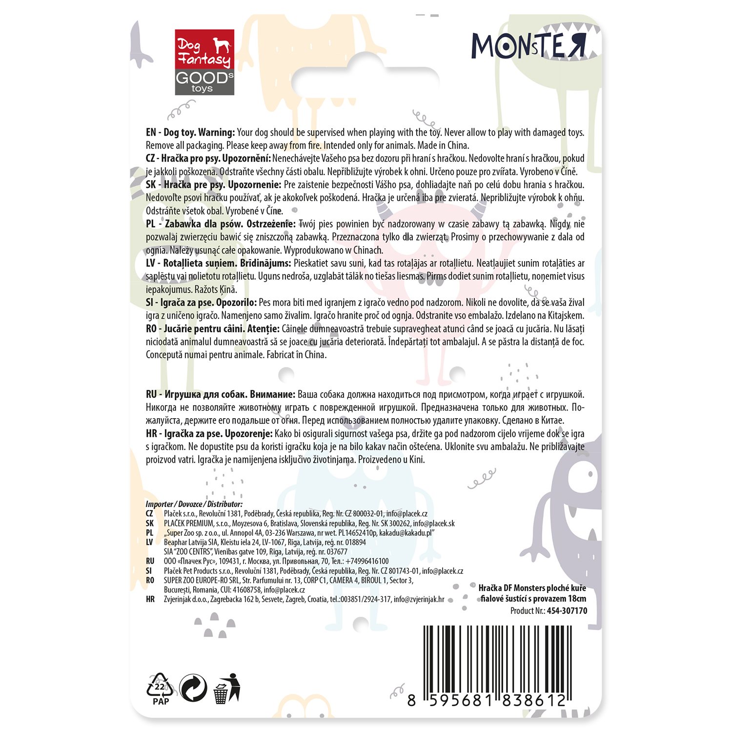 Hračka Dog Fantasy Monsters kuře šustící s provazem fialové 18cm