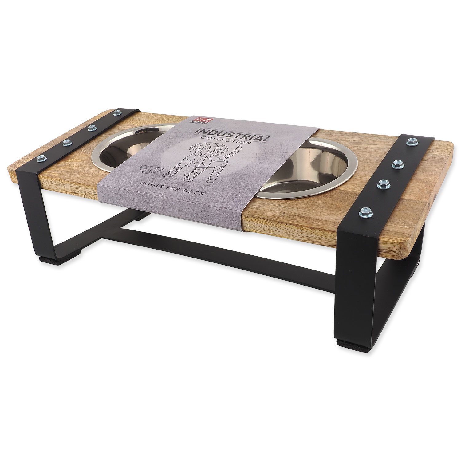 Misky Dog Fantasy nerez s dřevěným stojánkem, železná konstrukce 2x400ml-KS