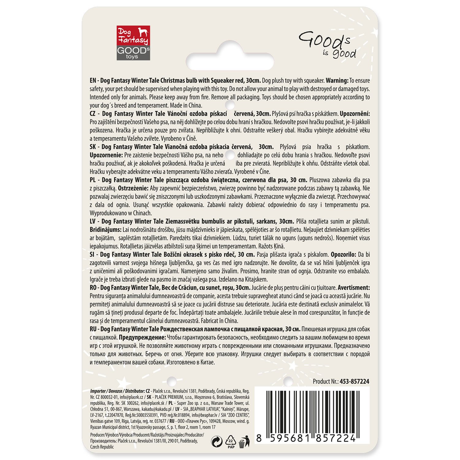 Hračka Dog Fantasy Winter Tale ozdoba vánoční pískací, červená 30cm -KS